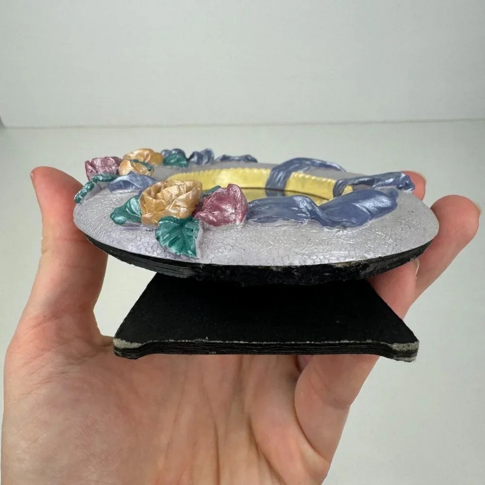 Vtg Tabletop Oval Mini Pic Frame Iridescent Purple w 3D‎ Roses Flowers Ribbons